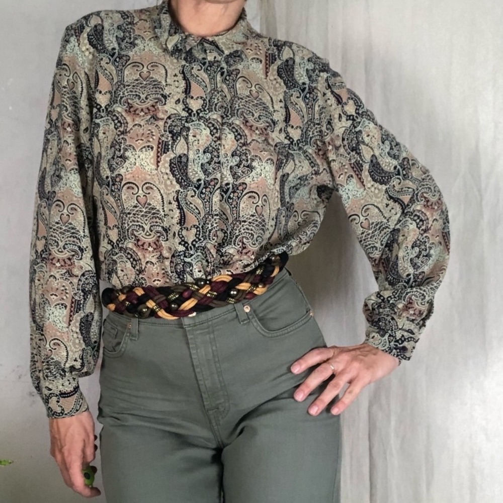 Country Sophisticate by Pendleton Paisley Blouse 24w Tan Navy Pink Vintage 80's